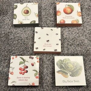 Fun PUN Kitchen food wood wall hangings 4x4” Avocado Cherry Peach Honey Cottage